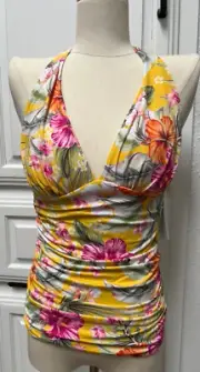 Women Canary Gold Paradiso Print Halter Tankini Top Blue Rod Beattie Size 4