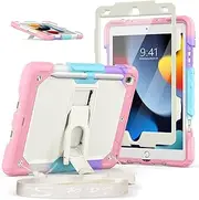 SEYMAC stock Case for iPad 9th/8th/7th Generation 10.2 Inch 2021/2020/2020 with Screen Protector, Pencil Holder, Portable Shoulder Strap, Foldable Stand, Drop-Proof Function, Yellowish+Pink