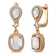 925 Sterling Silver Rose Gold-Tone Rectangular Teardrop Clear CZ Dangle Earrings