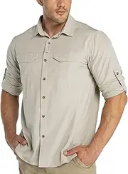 [33,000ft] Mens UPF50+ UV Protection Hiking Shirt Breathable Safari Shirt Button Down Long Sleeve Shirt Fishing Shirt Wicking Quick Dry Roll-UP Sleeves Outdoor Shirt for Walking