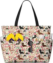 [Ghjkfbf] Dachshund Print Large Capacity Beach Travel Bag For Family, Beach Tote Bag For Women With Zipper Pockets, Black, One Size