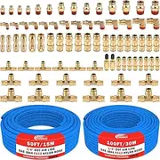 CheeMuii 76 PCS Brass DOT Air Line Fittings with 100FT 1/4" and 50FT 3/8" Blue DOT Air Lines Kit Push Lock Air Line Quick Connect Fittings with Pneumatic Tubing Set