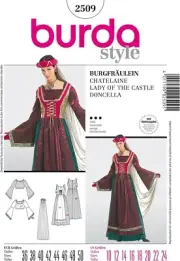 BURDA SEWING PATTERN 2509 10-24 LADY OF CASTLE DIRNDL MEDIEVAL DRESS, TOP & VEIL