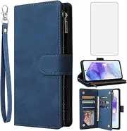 [Asuwish] Mobile Phone Case for Samsung Galaxy A55 5G Case with Screen Protector and Card Slot Foldable Leather Wallet Stand A 55 55A A555G Zip Mobile Phone Cases Protective Phone Case Blue