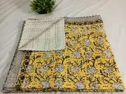 Unique Indian Kantha Cotton Hand Block Print Floral Handmade Blanket 90x108 inch