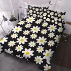 Floral Duvet Cover Set Queen Size White Daisies on Black Bedding Sets for Teens