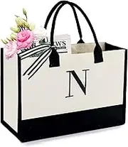 BeeGreen Monogrammed Gift with Zipper Pocket Women Tote Bag 13oz Canvas Personalized Bag Embroidery Initial Bag