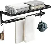 Towel Racks for Bathroom 24in, Black Towel Rack Wall Mounted, Double Layer Foldable Bathroom Towel Rack, Widen Towel Shelf with Flat Towel Bar for More Stable Storage, Adhesive Towel Holder, Rustproof