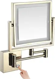 Touch Stepless Dimming LED Lighted Makeup Mirror, Square Wall Mount LED Lighted Makeup 3X Magnifying Cosmetic ，360 Degree Swivel Two-Sided Extendable 8 Inch Rectangle Extendable Arm,Hardwired,Gold