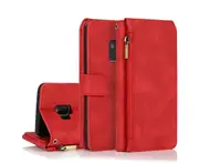 For Samsung Galaxy S9 Case, Leather Zipper Purse Flip Cover Case with Card Slot Holder Wrist Strap Lanyard (Red)