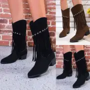 Women's Winter Fashion Solid Color Suede Fringed Mid Calf Boots Temperament