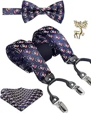 [GTHBA] Men's Christmas Suspenders 6 Clips Y-Shape Adjustable Suspender Bow Tie Pocket Square Lapel Pin Set