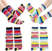[Pursuestar] 2 Pairs Cotton Five Finger Socks Split Tabi Toe Socks Rainbow Stripe Socks Athletic Casual Seperated Socks for Women Girls