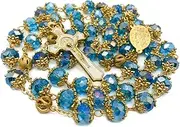 [Nazareth Store] St. Benedict Deep Blue Crystal Beads Rosary Prayer Necklace Golden Miraculous Medal & Gold Enamel Cross