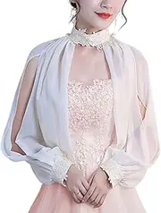 [Jdlsppl] Women's Bolero Shrug Soft Cape Long Sleeve Chiffon Wedding Embroidered Mock Neck Fashion Summer