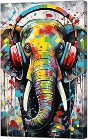 ZXHYWYM Animal Graffiti Wall Art Elephant with Headphone Canvas Painting Colorful Animal Art Print Funny Music Artwork for Nursery Kids Room Framed (A, (16.00" x 24.00"))