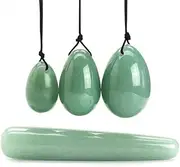 4Pcs Set Jade Yoni Eggs Stick,3 Pcs Drilled Natural Green Aventurine Quartz Crystal Jade Eggs Massage Stone + 1 Pcs Massage Stick for Women Kegel Exercise Strengthen Pelvic Floor Muscles