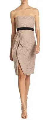 BCBG Maxazria Alexandra Lace Soy Chai Strapless Drape Front Slit Dress 10