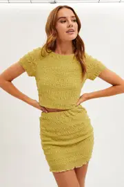 Green Mini Skirt Bodycon Mesh Textured Detail - Size M, Women's Bodycon Skirt