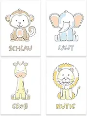 Set of 4 Line Art Wall Pictures Safari Animals - Pictures for Children's Room Girl or Boy, Baby Room Decoration, Wall Decoration Children's Room, Animal Pictures (DIN A4 without Picture Frame)