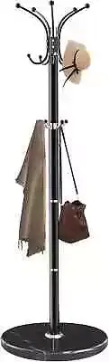 360° Rotary Metal Coat Rack Stand with Natural Marble Base 14 Hooks White