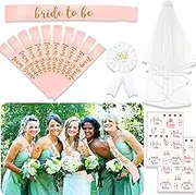 JeVenis 14 PCS Bride to Be Sash Hen Party Bachelorette Decorations Bridal Shower Gift Supplies Crown Tiara Veil for Bride Team Bride Tribe Sash for Bridesmaids