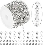 KYUNHOO 33 Feet Silver 304 Stainless Steel Chain for Jewelry Making 4MM Round Circle Link Chain Roll Soldered Jewelry Supplies Chain with Jump Rings and Lobster Clasps for Necklace Bracelet DIY