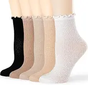 [Mcool Mary] Womens' 5 Pairs Ruffle Socks - Frilly Breathable Ankle Socks with Mesh Textured Design- Lightweight Cotton Socks, 5colors(apricot+khaki+brown+black+white)