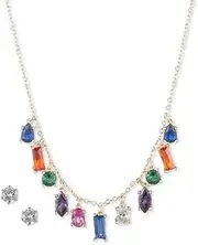 [Anne Klein] Silver Tone Multi Colored Stone Charm Drop Frontal 16" Necklace Earring Set, 16 inches 3 inch extender, Metal Glass Brass, No Gemstone