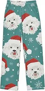 [ZZXXB] Bichon with Xmas Hat Boys Long Pants Soft Trousers Elastic Waist Kids Lounge Bottoms with Pockets S-XL