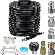 10 PCS Set Black 50 FT Sewer Jetter Kit for Pressure Washer 5800PSI Drain Cleaner Hose 1/4 Inch NPT Corner Rotating and Button Nose