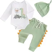[Bufarromio] Newborn Baby Boys Fall Winter 3Pcs Outfits Dinosaur Print Long Sleeve Romper Serrated Long Pants Beanie Hat Clothes Set