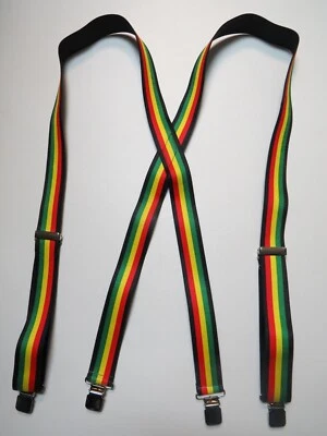 Men's Jamaican Colors KGYR X-Back Suspenders with Button On or Clips. USA Made