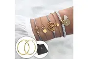 Boxed Bohemian Multi Layered Charm Bead Bracelet and Hoop Gold Plated Earrings Set - Grey