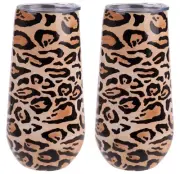 2X INSULATED DOUBLE WALL CHAMPAGNE FLUTES Picnic Beach BBQ 180ml Leopard Print