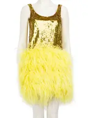 Yellow Feather-Trimmed Sequinned Mini Dress