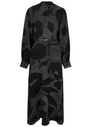 Lovebirds Kantha Printed Silk Midi Dress - Black - XL (UK18) XL (UK18)