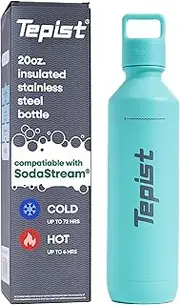[Tepist] TwentyO 20oz Stainless Steel Bottle Compatible with Sodastream Machines | Powder Coated Teal | Vacuum Sealed | Double Walled | Leak-Proof | Easy to Carry | Reusable Bottle