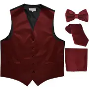 New Men's solid Tuxedo Vest Waistcoat & necktie & Bow tie & Hankie burgundy prom