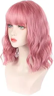 Pastel Wavy Wig with Air Bangs,Women's Short Bob Pink Wig,Curly Wavy Shoulder Length Pastel Bob Synthetic Cosplay Wig for Girl