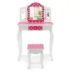 Kids Vanity Table & Chair Set w/ Stool, Detachable Top for Girls