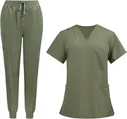 [ａ aternee] Nursing Uniforms Scrub Set Workwear, Nurse Top and Pants V Neck Scrub Top Nursing Work Suits Clothes for Pet Groomer SPA
