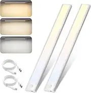 Homefire Under-Unit Light Kitchen LED with Motion Sensor - 40 cm Pack of 2 Silver Cabinet Lighting Dimmable 3 Colour Temperature Cabinet Light USB 1500 mAh x 2 Rechargeable Stair Light for Bedroom