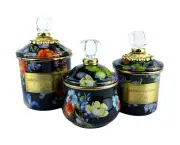 MacKenze Childs Set of 3 Black Flower Market Sugar Bowl Demi Mini Canisters New