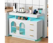 Ufurniture Buffet Sideboard Cabinet With RGB LED Light and Charging Station Console Coffee Bar Table Home and Office White