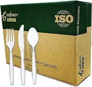 50 Sets Compostable Reusable Cornstarch Knives Forks Spoons Utensils, Ganfaner Cutlery Set Cornstarch Spoon Fork Knife for Party Camping Catering (Spoon 50, Fork 50, Knives 50)