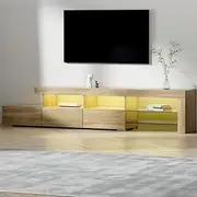 Artiss TV Unit Cabinet Entertainment Units, 215cm Length Stand Table Cabinets Storage Shelf Organiser Cupboard Home Living Room Bedroom Furniture, 16 Colour Lights High Gloss Wood