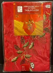 NIP Winter Wonderland Embroidered Holly Cutout Tablecloth 60"x84" Oblong - Red