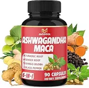 Ashwagandha Maca Root Supplement - Herbal Equivalent with Turmeric Ginger Ginkgo Biloba - 90 Capsules Ashwagandha Maca Pills for 3 Month Supply