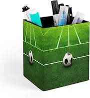 Square Pen Holder,Green Grass Field Soccer Playground The Ball Print Square Pen Cup,PU Square Pen Holder Suitable for Office Home And Stationery Supplies., 11x9x7.8cm
